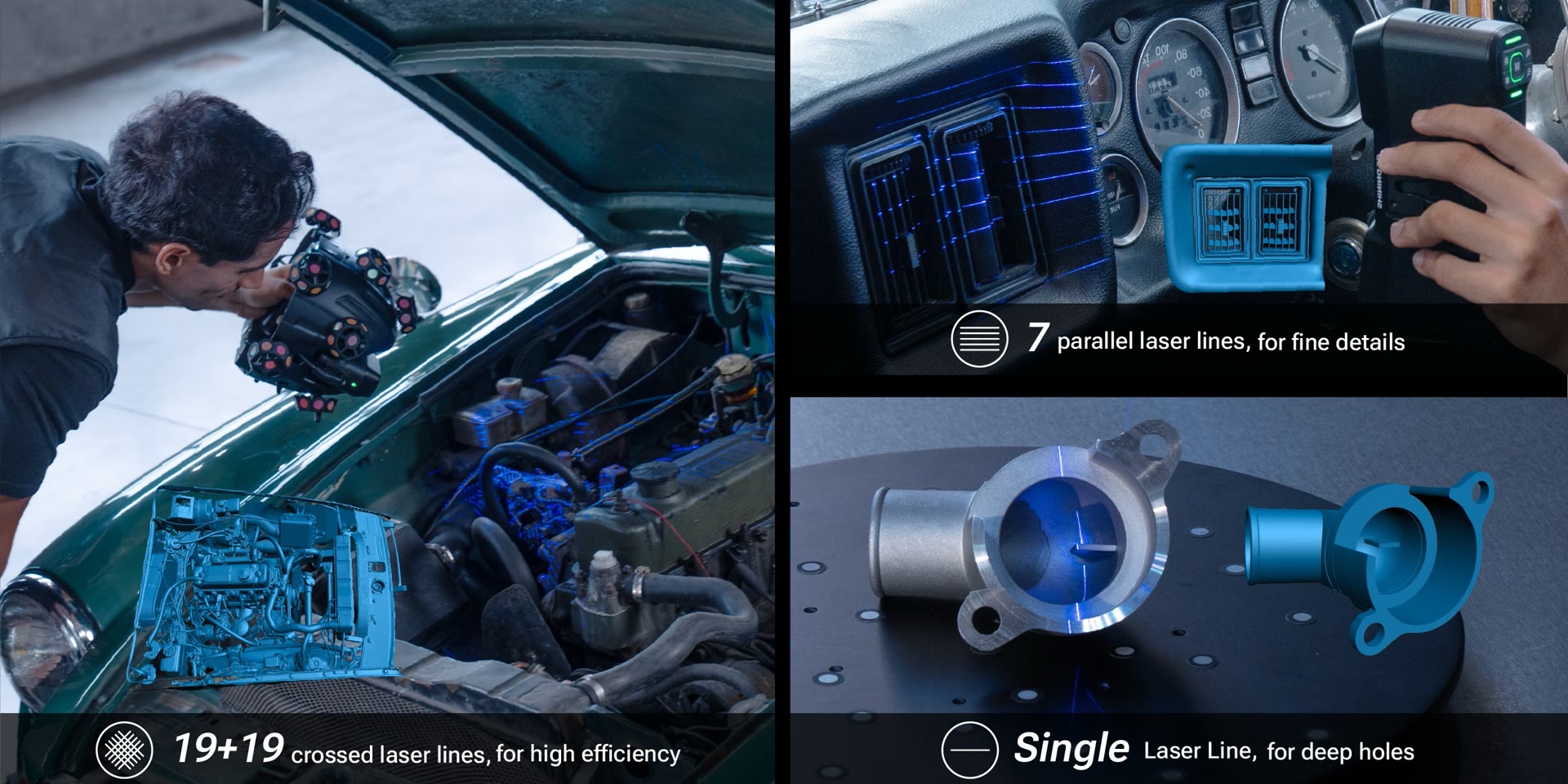 Os três modos de laser do EinScan Trak em uso: linhas cruzadas no motor de um carro, linhas paralelas no painel e linha única num furo de peça metálica
